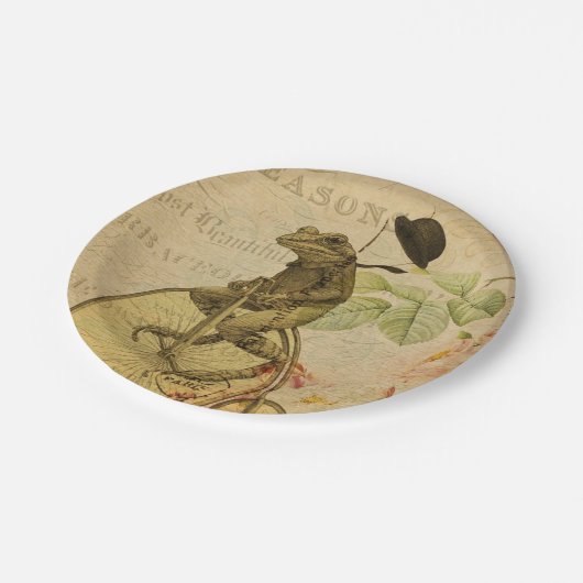Französische Ephemera Frog Riding Bicycle Rose Pappteller (Schrägansicht)