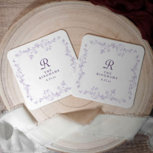 Französische Floral Lavendel Lila Monogramm Hochze Rechteckiger Pappuntersetzer