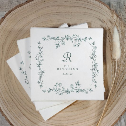Französische Floral Smaragdgrüne Monogramm-Hochzei Serviette