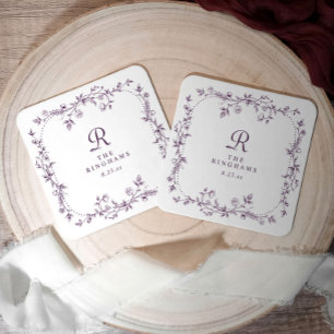 Französische Florale Aubergine Lila Monogramm-Hoch Rechteckiger Pappuntersetzer