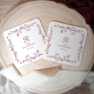 Französische florale dunkelrote Wein-Monogramm-Hoc Rechteckiger Pappuntersetzer