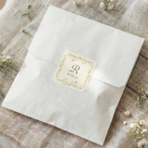 Französische florale Gold- und Elfenbein-Monogramm Quadratischer Aufkleber