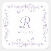 Französische Florale Lavendel Lila Monogramm Hochz Quadratischer Aufkleber (Vorderseite)
