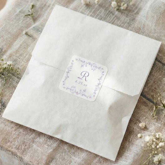 Französische Florale Lavendel Lila Monogramm Hochz Quadratischer Aufkleber
