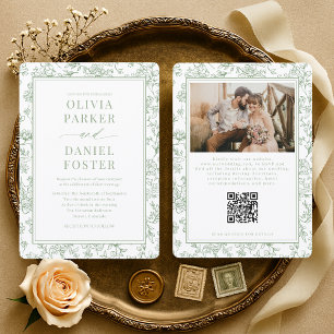 Französische Florale Salbeigrüne QR-Code-Hochzeit Einladung