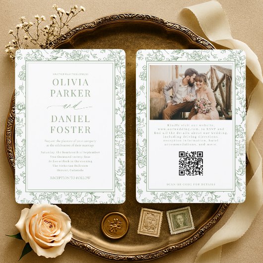 Französische Florale Salbeigrüne QR-Code-Hochzeit Einladung