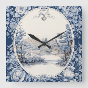 Französische florale Toile-Blau Quadratische Wanduhr