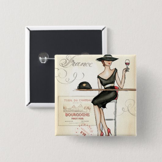 Französische Frau, die Rotwein trinkt Button (Vorne & Hinten)