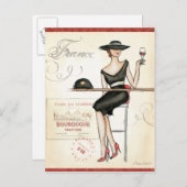 Französische Frau trinkt Roten Wein Postkarte (Vorne/Hinten)