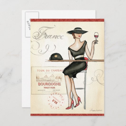 Französische Frau trinkt Roten Wein Postkarte (Vorne/Hinten)