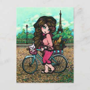 Französische Girl & Puppy Paris Bicycle Art Postka Postkarte