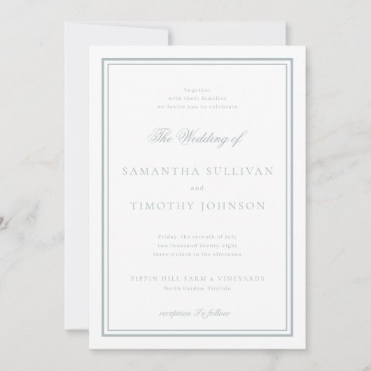 Französische Gray Blue Classic Border Wedding Einladung (Vorderseite)