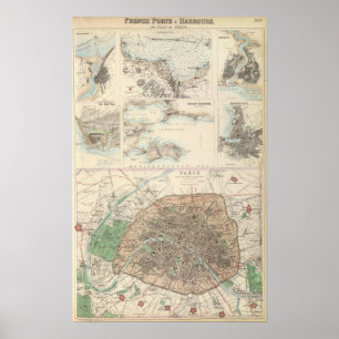 Französische Häfen und Plan von Paris Poster