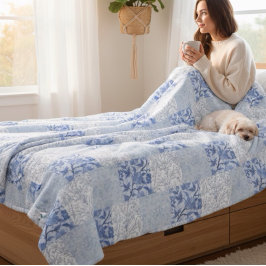 Französische Hütte gequiltes Muster Blau Fleecedecke