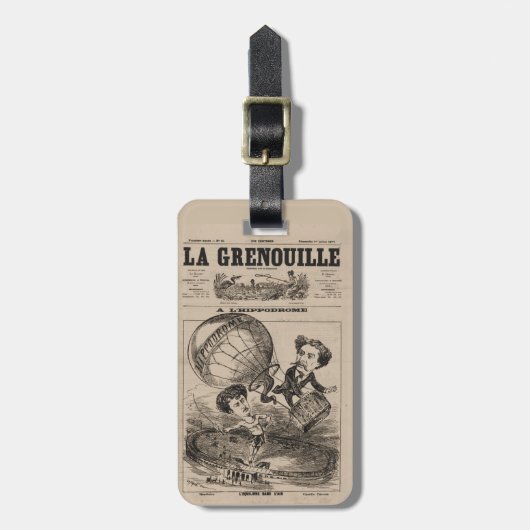 Französische Karikatur eines Balloonisten in Heißl Gepäckanhänger (Vorderseite vertikal)