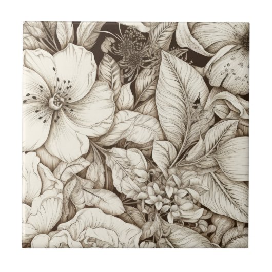 Französische Landhaus-Sepia-Blumen Botanical Cream Fliese (Vorderseite)