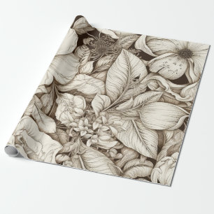 Französische Landhaus-Sepia-Blumen Botanik Creme Geschenkpapier