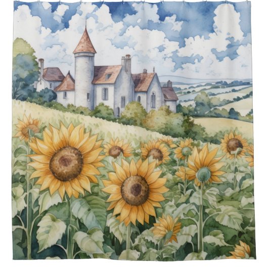 Französische Landschaft mit Sonnenblumen Duschvorhang (Vorderseite)