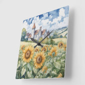 Französische Landschaft mit Sonnenblumen Quadratische Wanduhr (Winkel)
