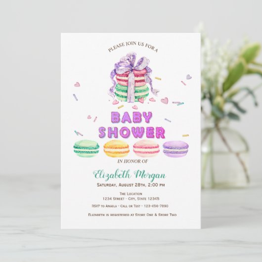 Französische Macarons, Stripte Babydusche Einladung (Stehend Vorderseite)