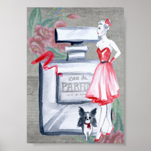 Französische Madame mit Hund Duftflasche vintage Poster