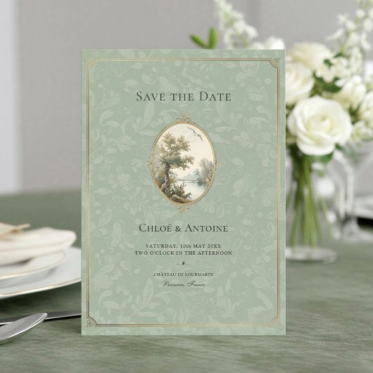 Französische pastorale Sage-Grün-Hochzeit Save The Date
