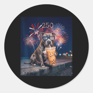 Französische Pitbull-Trinkt-Eis-Kaffee-Flagge-Hund Runder Aufkleber