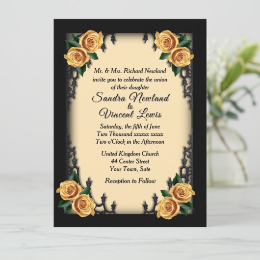 Französische Quarter Goth 4 Corner Gelbe Rose Hoch Einladung (Stehend Vorderseite)