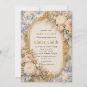 Französische Regency-Blau-Toile-Blumen-Schleifen-B Einladung (Vorderseite)