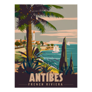 Französische Riviera Antibes Retroplakat. Tropisch Poster