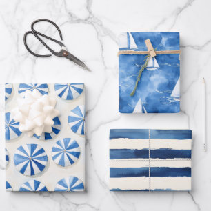 Französische Riviera Blaue Schirme Boote Streifen Geschenkpapier Set