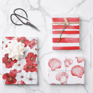Französische Riviera Rote Blumen Streifen Muscheln Geschenkpapier Set