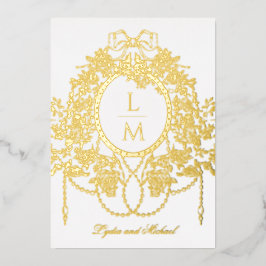 Französische Rococo-Goldfolie-Rosen-Monogramm-Hoch Folieneinladung