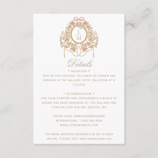 Französische Rococo-Rosen-Monogramm-Hochzeit Begleitkarte (Vorderseite)