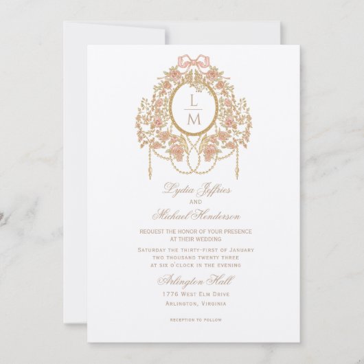 Französische Rococo-Rosen-Monogramm-Hochzeit Einladung (Vorderseite)