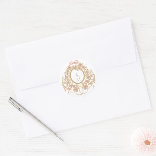 Französische Rococo-Rosen-Monogramm-Hochzeit Runder Aufkleber (Umschlag)