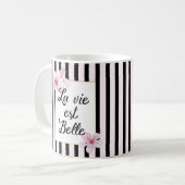 Französische Rosa Blüten und schwarze Streifen Kaffeetasse (Vorderseite Links)