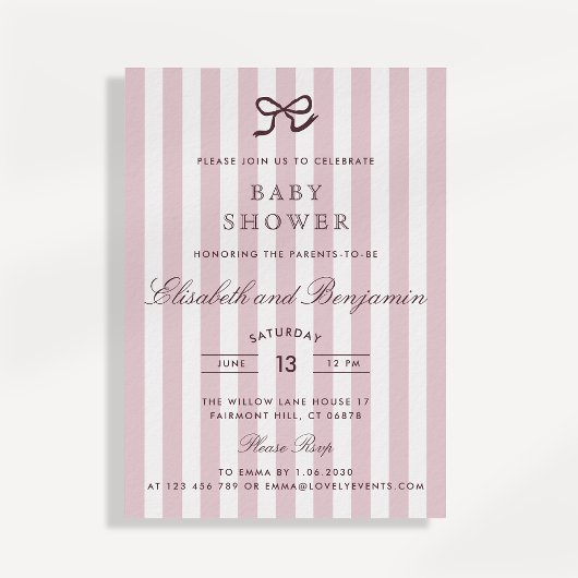 Französische Rosa Bow & Stripes Kinderdusche Einla Einladung