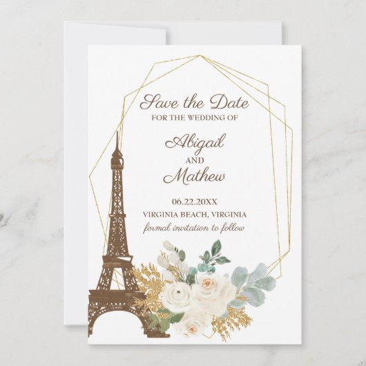 Französische Rose Eiffelturm Hochzeit rettet das D Save The Date (Vorderseite)