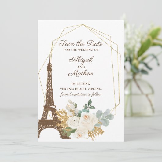 Französische Rose Eiffelturm Hochzeit rettet das D Save The Date (Stehend Vorderseite)