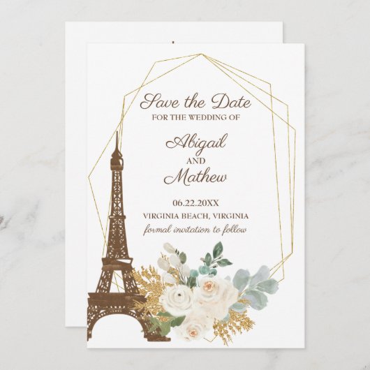 Französische Rose Eiffelturm Hochzeit rettet das D Save The Date (Vorne/Hinten)