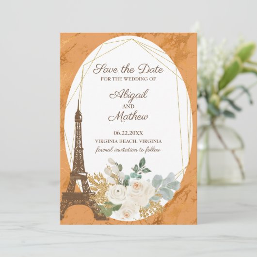 Französische Rose, Kupfer, Eiffelturm Save The Date (Stehend Vorderseite)