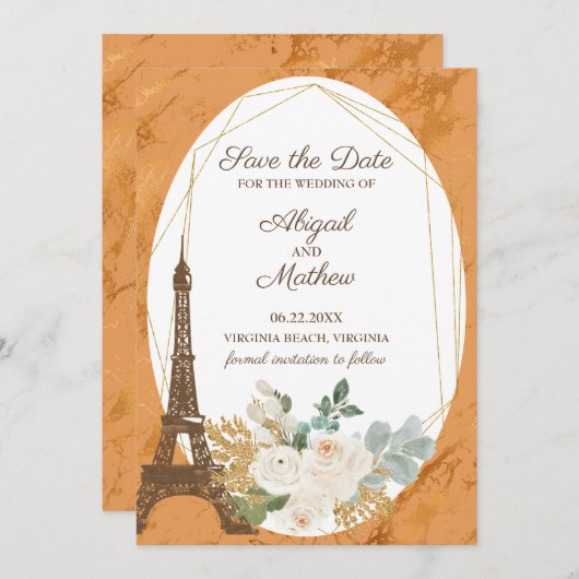 Französische Rose, Kupfer, Eiffelturm Save The Date (Vorne/Hinten)