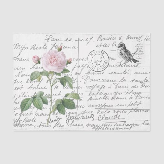 Französische Rose Vintag Blush Bird Postcard Seidenpapier (Vorderseite)