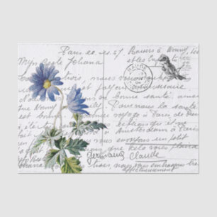 Französische Schrift Vintage Blaue Blume Vogel Pos Seidenpapier