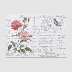 Französische Schrift Vintage-Rose-Vogel-Postkarte Seidenpapier