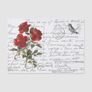 Französische Schrift Vintage rote Rose Vogel Postk Seidenpapier