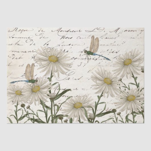Französische Schrift Wildblumen Libelle Decoupage  Seidenpapier (Vorderseite)