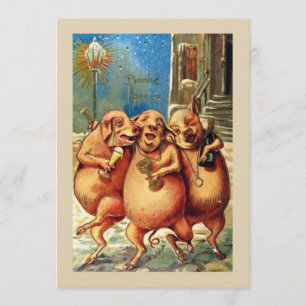 Französische Schweine feiern das neue Jahr Vintage Einladung