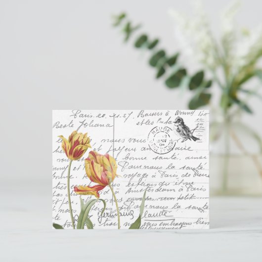 Französische Script Vintag Tulip Bird Postkarte (Stehend Vorderseite)